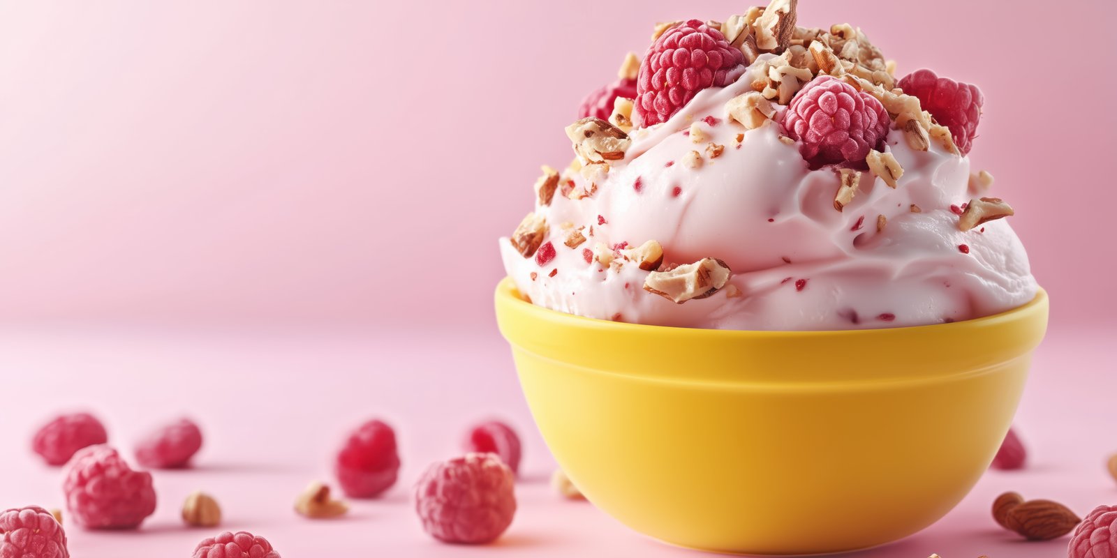 Delicious raspberry parfait in a yellow bowl surrounded by fresh raspberries on pink background